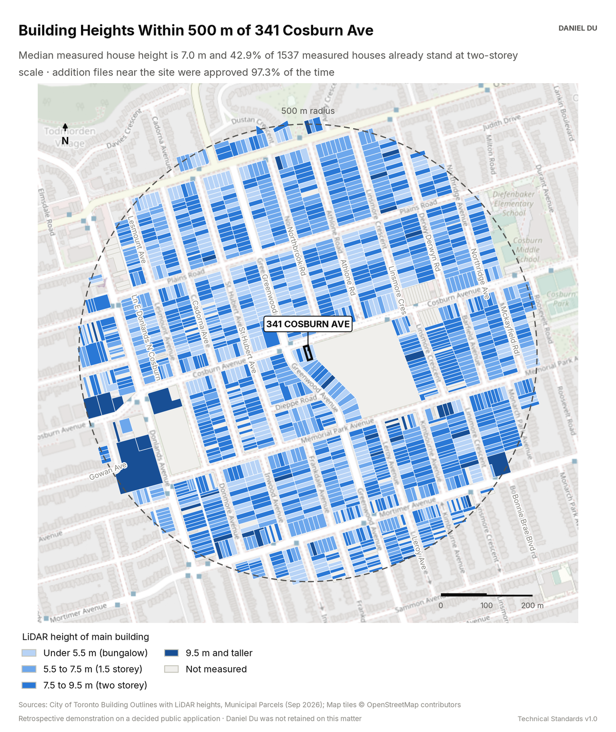 Map of LiDAR building heights within 500 m of 341 Cosburn Ave, from under 5.5 m (bungalow) to 9.5 m and taller, with the subject lot outlined.